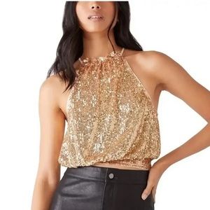 Free People Lights Out Sequins Gold Cropped Halter